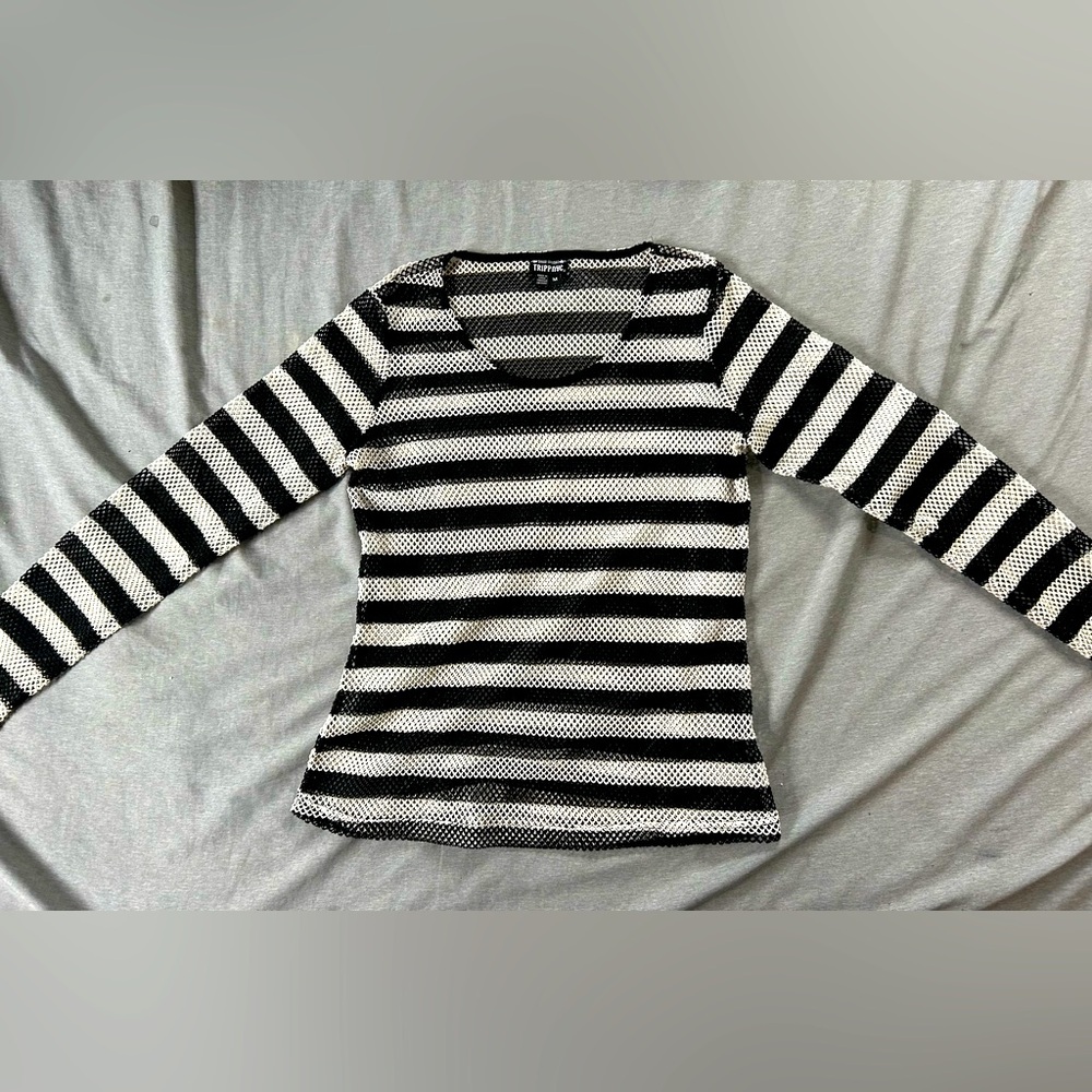 Tripp NYC Black & White Striped Fishnet Top